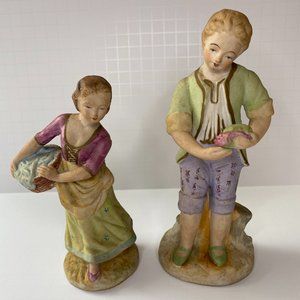Vintage bisque porcelain figurines pair Girl basket Boy grapes boy 7.5"